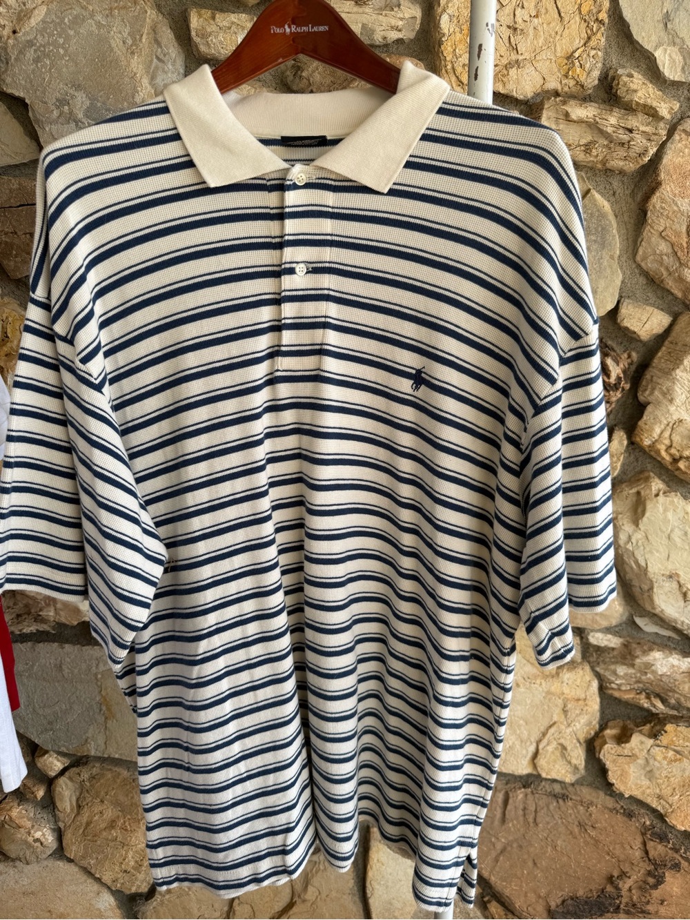 Vintage Polo Ralph Lauren 1X Big Cream Navy Striped Mesh Polo Shirt